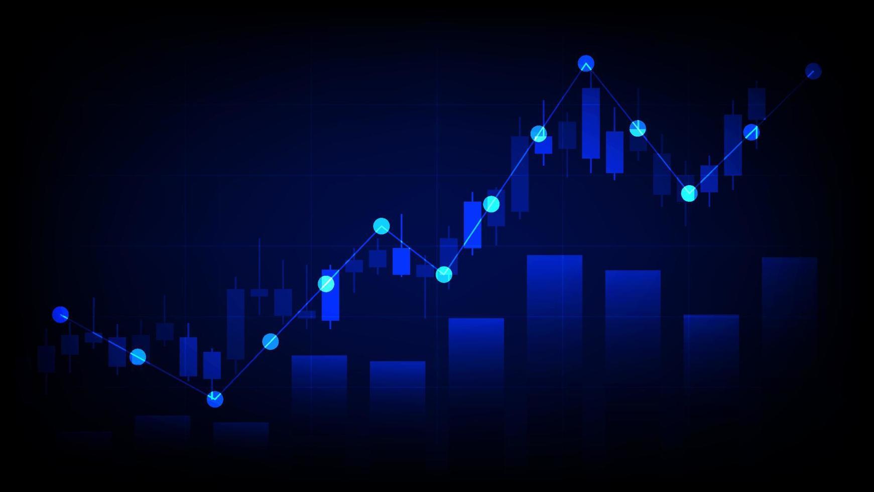 concepto de economía y finanzas. estadísticas de inversión empresarial financiera con candelabros del mercado de valores y gráfico de barras sobre fondo azul vector