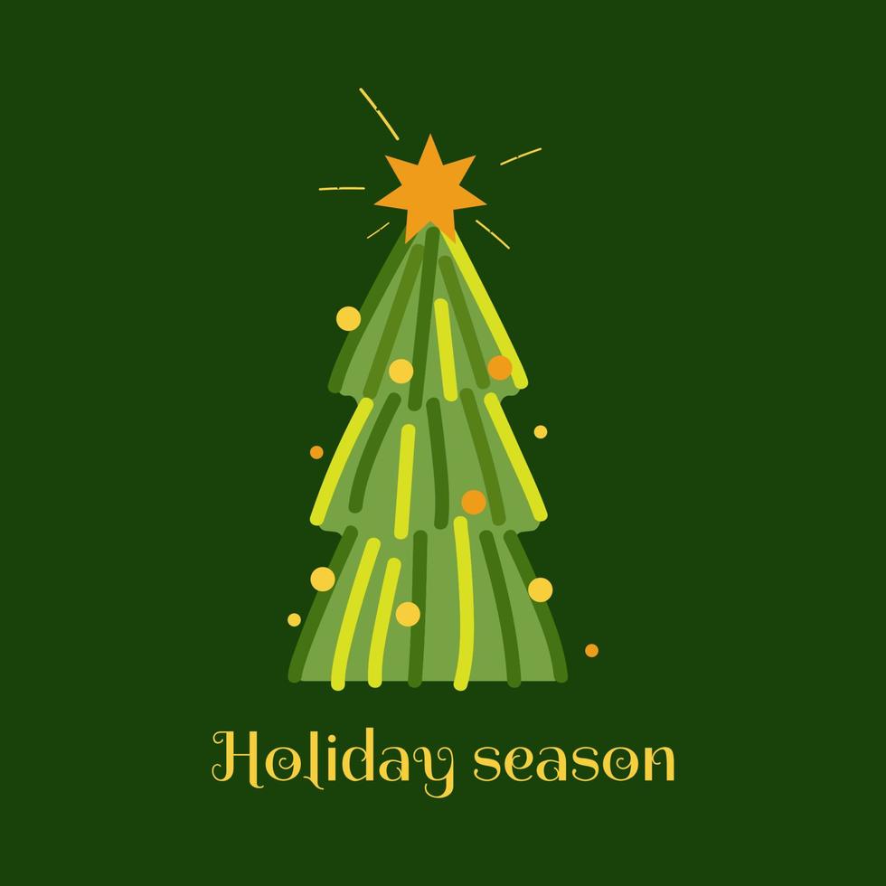 Decorated Christmas Tree on green background. Season of holiday. Merry Christmas and a happy new year. Flat style vector illustration.