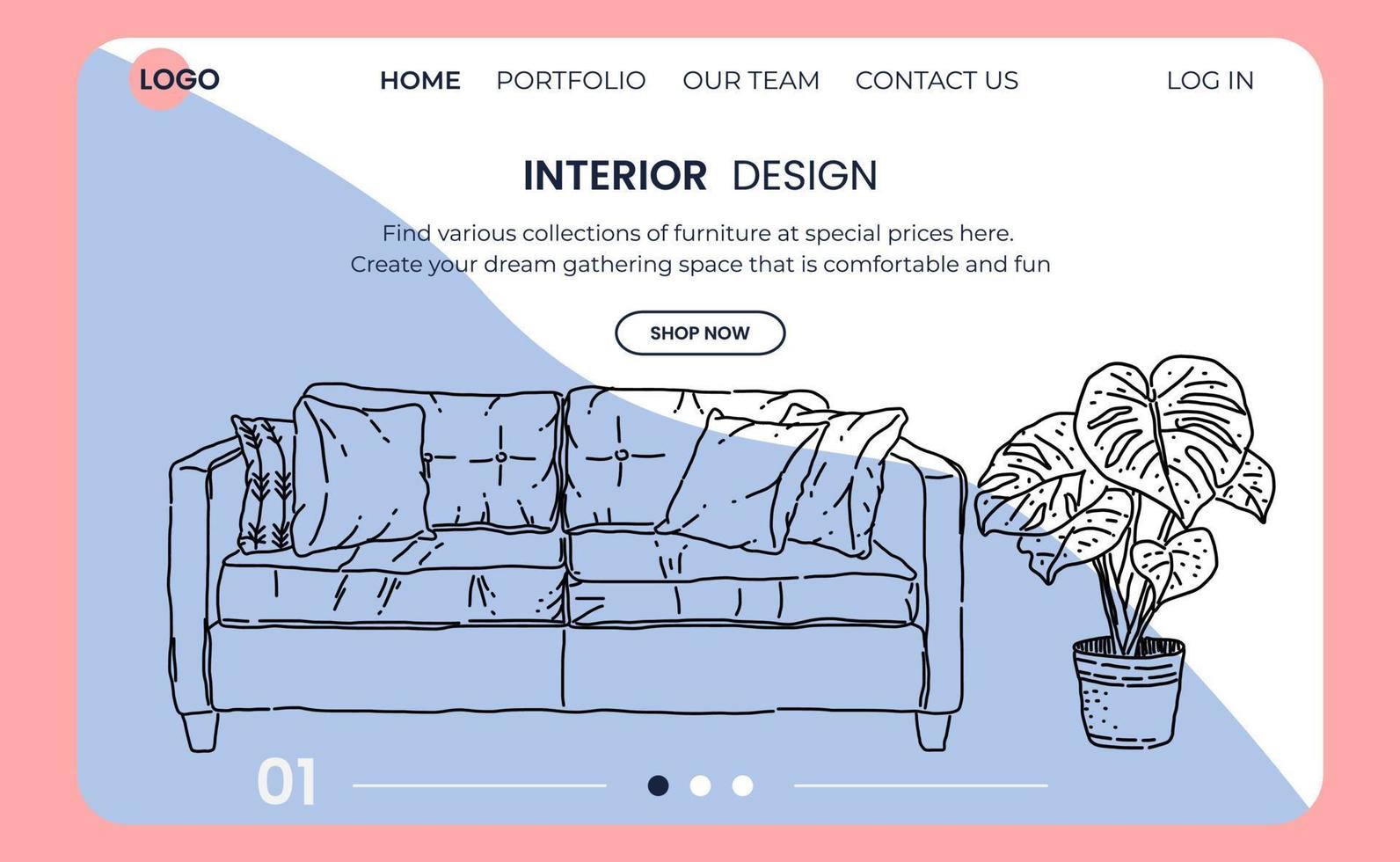 Landing page design room interior sketch. Hand drawn sofa and furniture vector