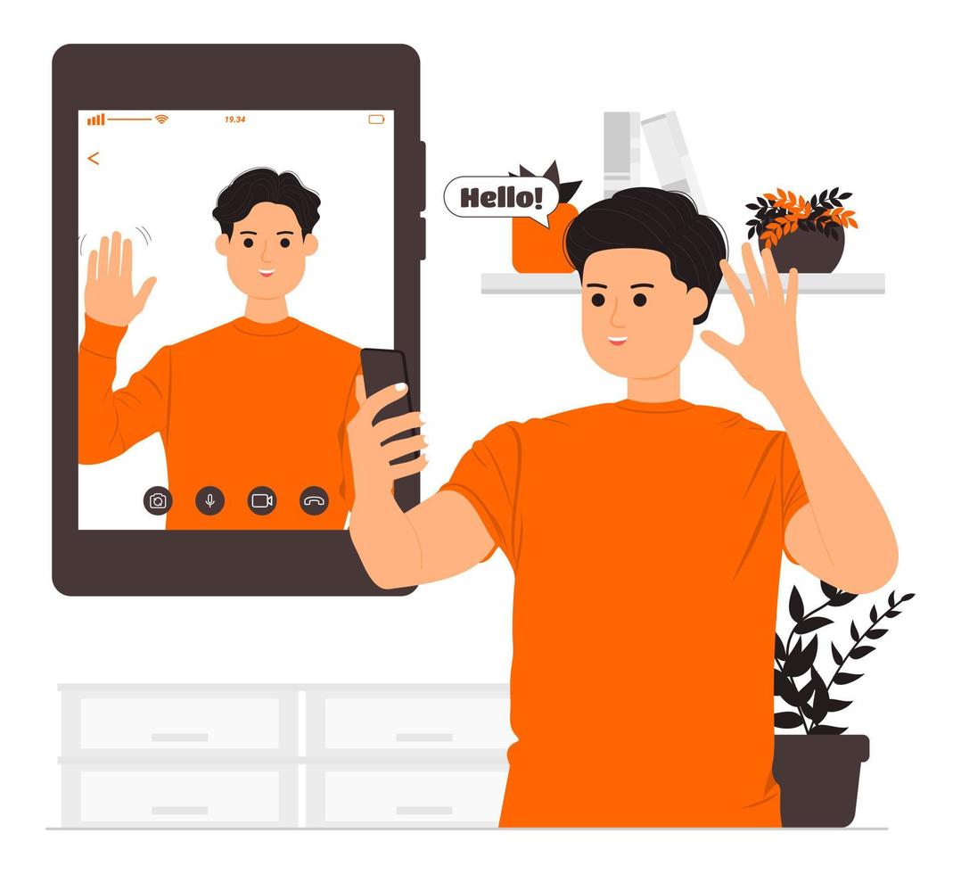 Friendly handsome man smiling waving to smartphone calling with his friend illustration vector