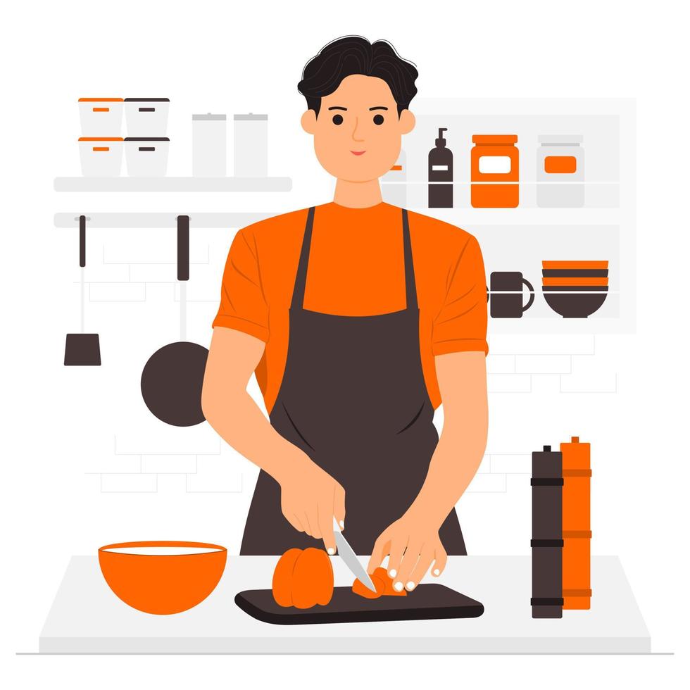 hombre feliz cocinando comida para el desayuno ilustración vector