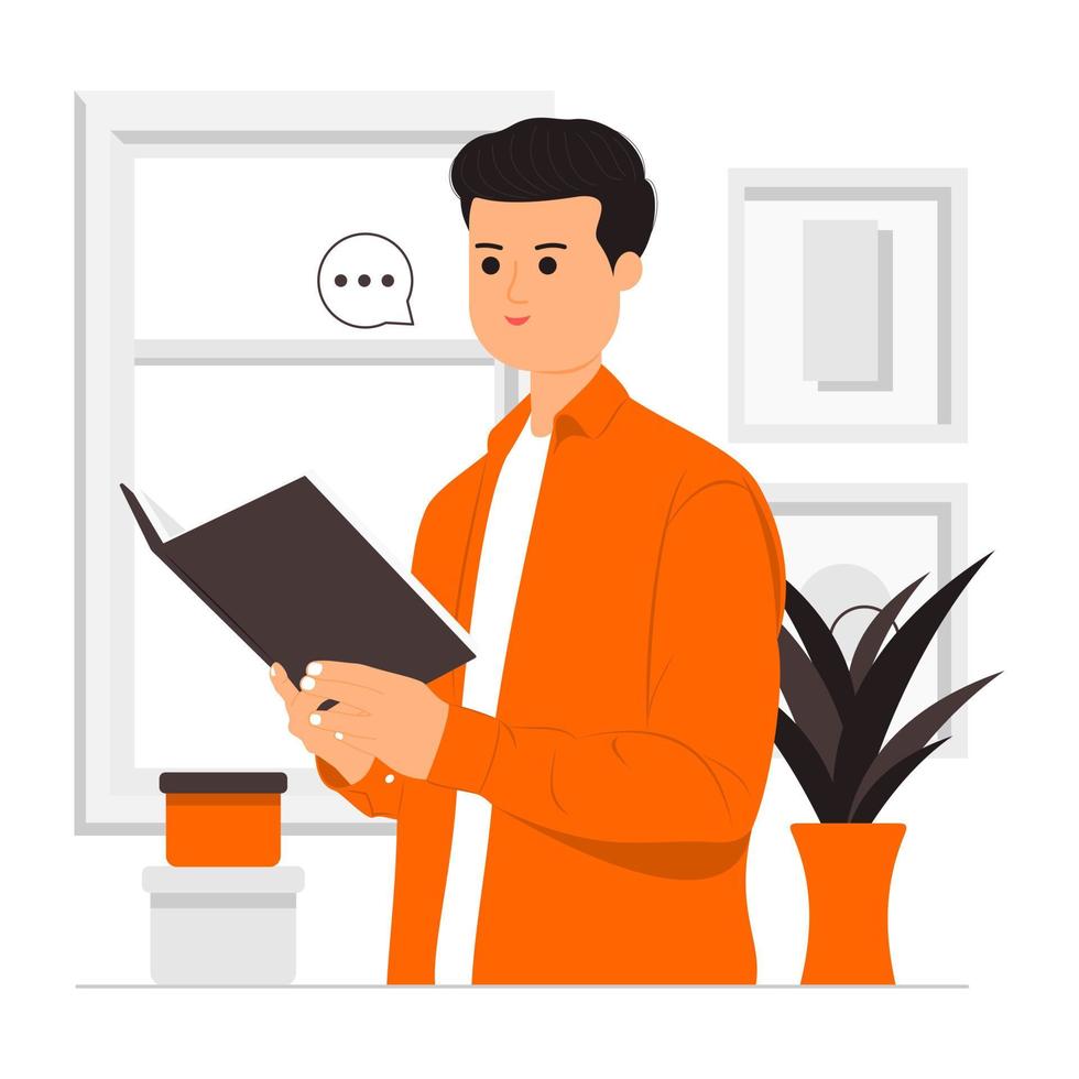 Smiling man reading book illustration vector