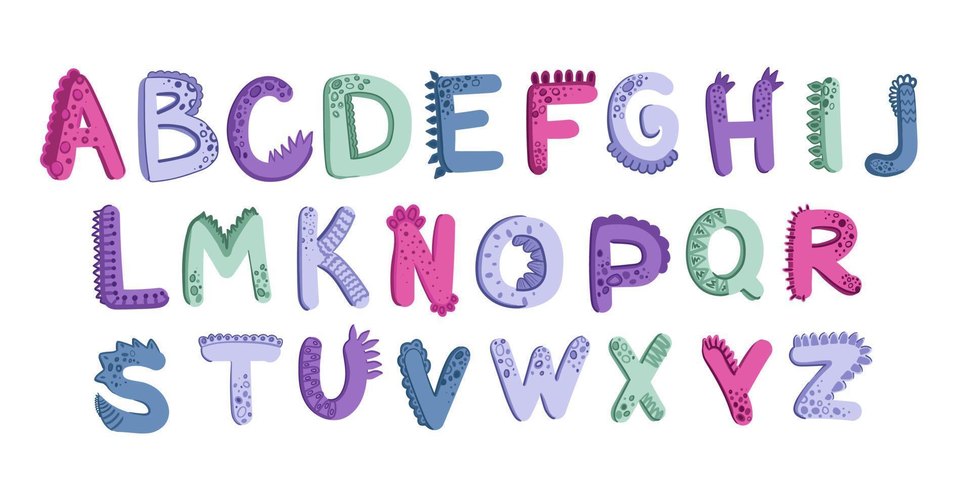 Dino funny alphabet in cartoon style. Font for Dino prints of childrens textiles, wallpaper, paper for Dino scrapbooking, packaging, invitation card, holidays in the style of monsters, dragons. Vector