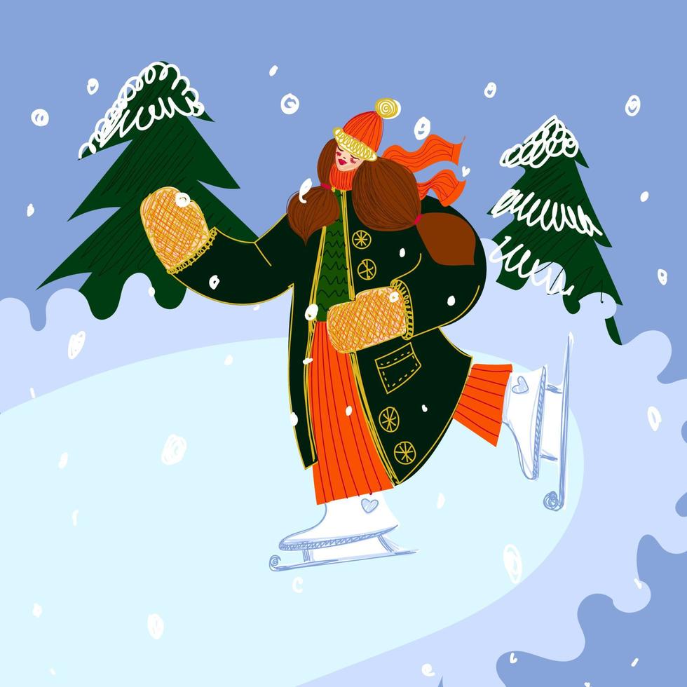 Winter card with a girl on the ice rink. Woman in warm clothes is skating. Greeting card for New Year, invitation. Flat style, vector illustration.