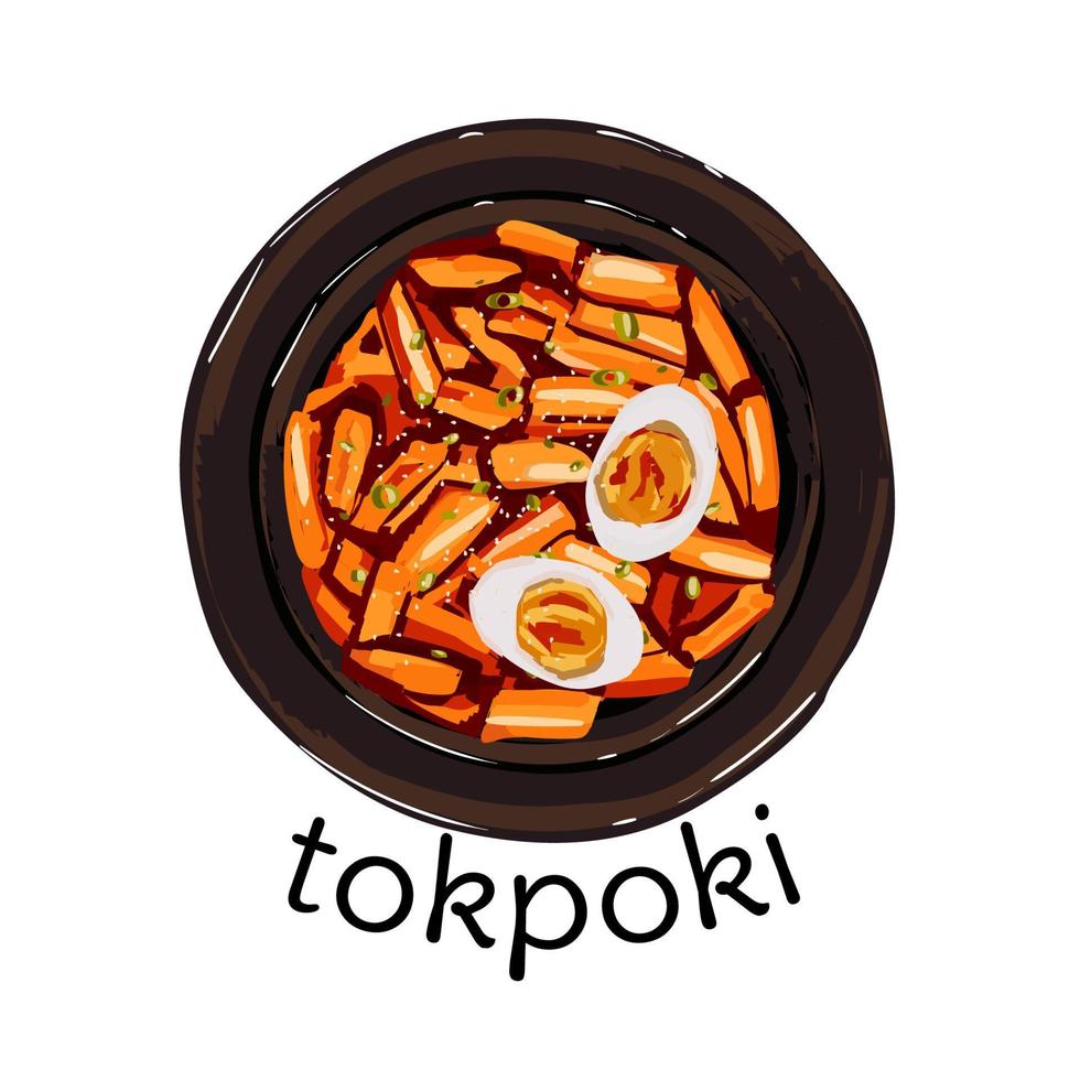 Korean food, tokpoki on white background. Illustration for restaurant menu. Top view. Vector illustration.