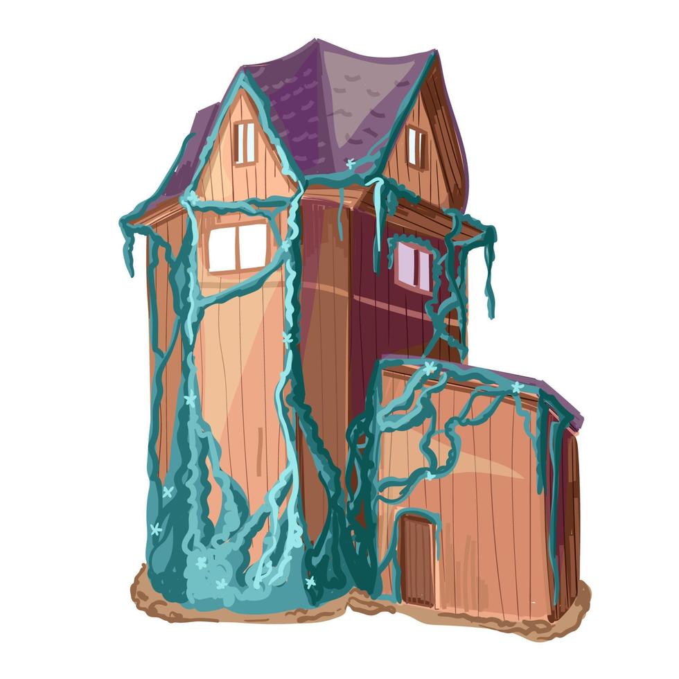 Old house in the forest. Tall fabulous house entwined with ivy. Cartoon style. Vector illustration. Isolated on white background.