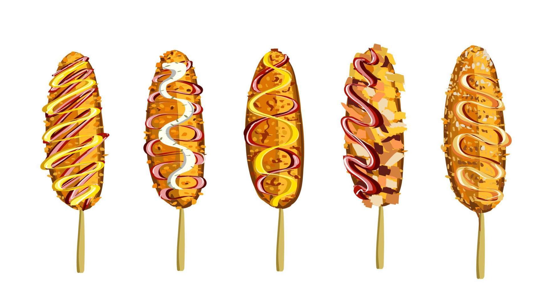 Korean Corn dog cartoon mascot. Illustration for restaurant menu. Side view. Vector illustration.