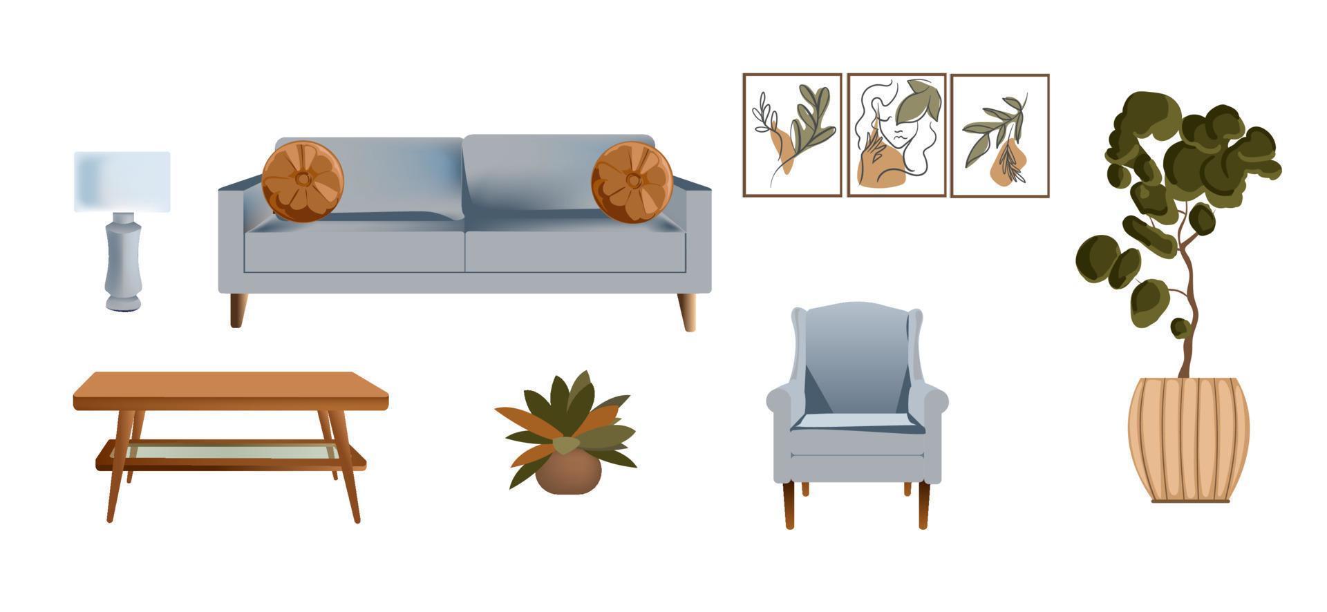 muebles para el interior. estilo boho, sofá azul, mesa baja, juego de patrones afinados, lámpara, sillón azul, flores caseras. objetos aislados sobre un fondo blanco. vector