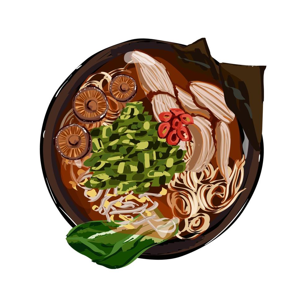 Japanese ramen soup with chicken, noodles, eggs, chopped green onion and mushrooms. Outlane doodle illustration for restaurant menu. Top view. Vector illustration.