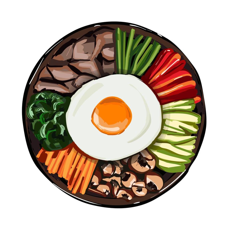 Korean food, Mixed Rice Bibimbab on white background. Illustration for restaurant menu. Top view. Vector illustration.