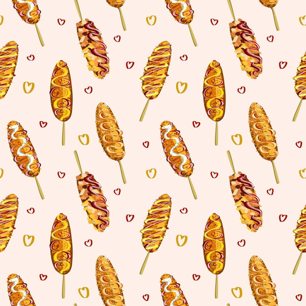 corndogs patrón de vector transparente. Comida callejera asiática popular. perros de maíz fritos con salchicha, queso y salsa dibujados a mano al estilo de las caricaturas.