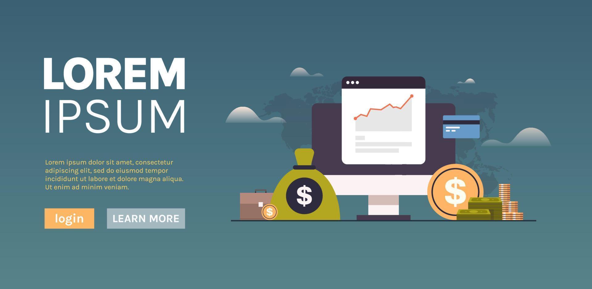 E commerce business money graph growth wealth and dollar coin icon financial analysis over world map background flat vector illustration.