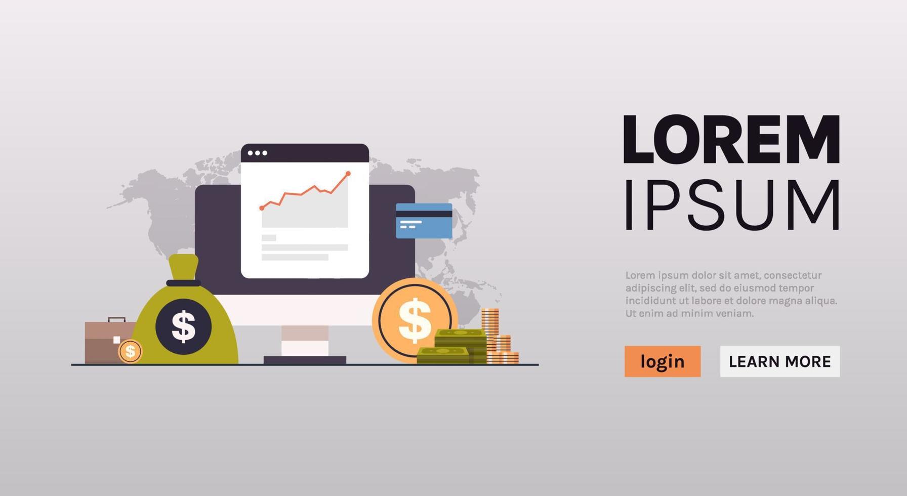 Comercio electrónico negocio dinero gráfico crecimiento riqueza y dólar moneda icono análisis financiero sobre mapa mundial fondo plano vector ilustración.