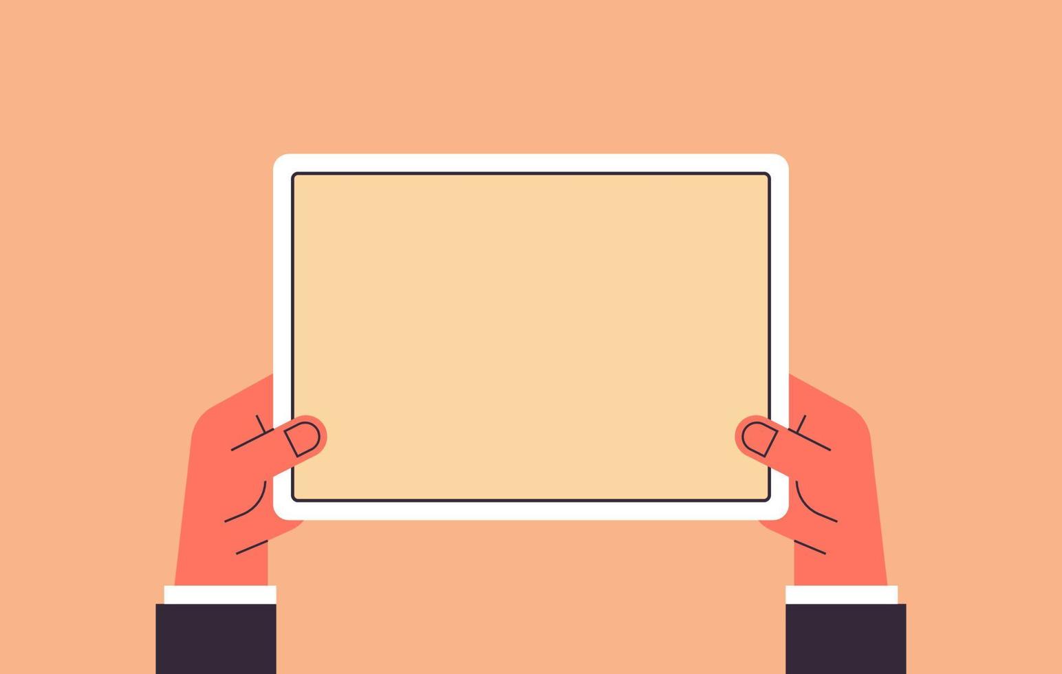 Hand holding tablet computer with blank screen and using digital tablet pc screen view flat vector illustration.