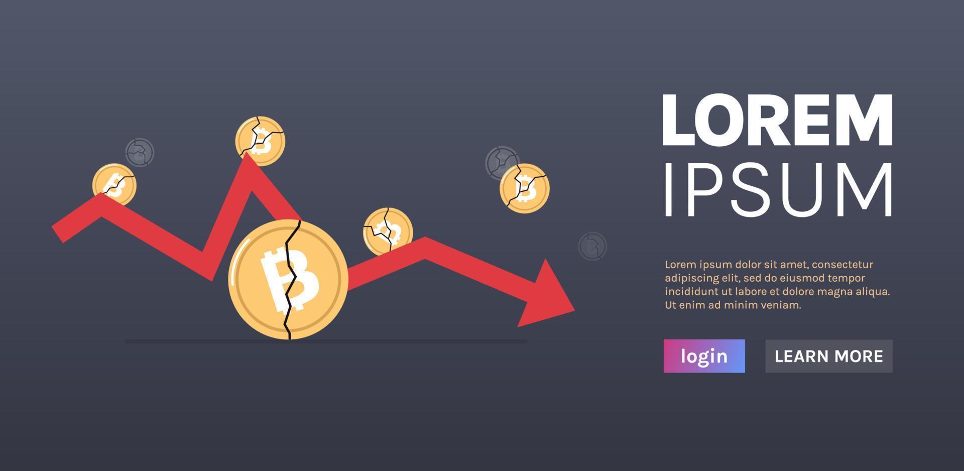 Cryptocurrency downward arrow and falling crash bitcoin price collapse crypto loss investment risk crisis flat vector illustration.