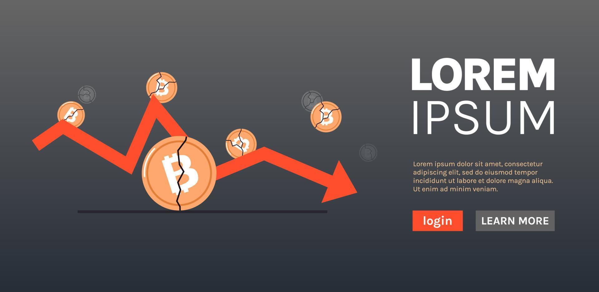 Cryptocurrency downward arrow and falling crash bitcoin price collapse crypto loss investment risk crisis flat vector illustration.