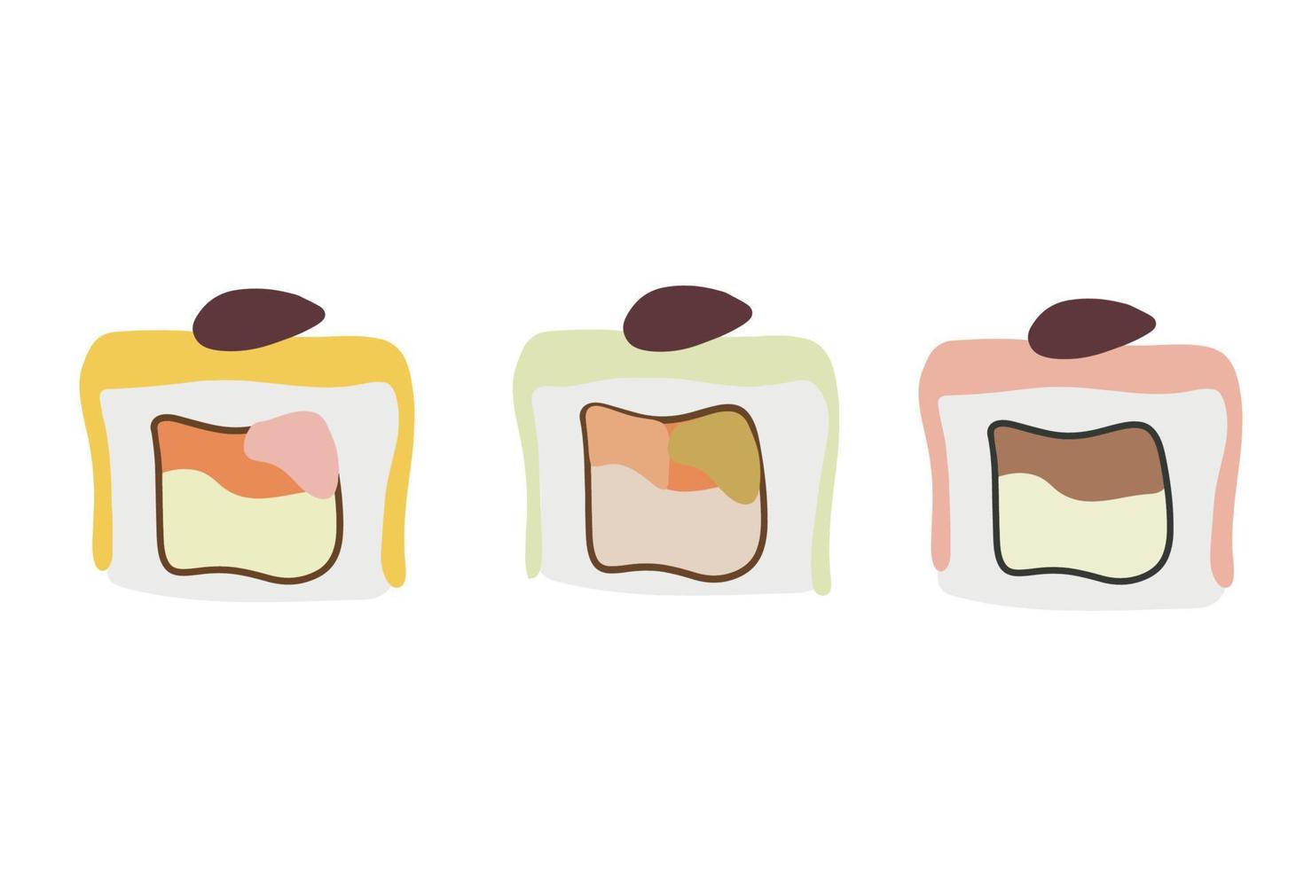 Vector icon set of yummy colored sushi rolls. Collection of different flavours and kinds. Traditional Japanese food. Asian seafood group. Template for sushi restaurant, cafe, delivery or your business