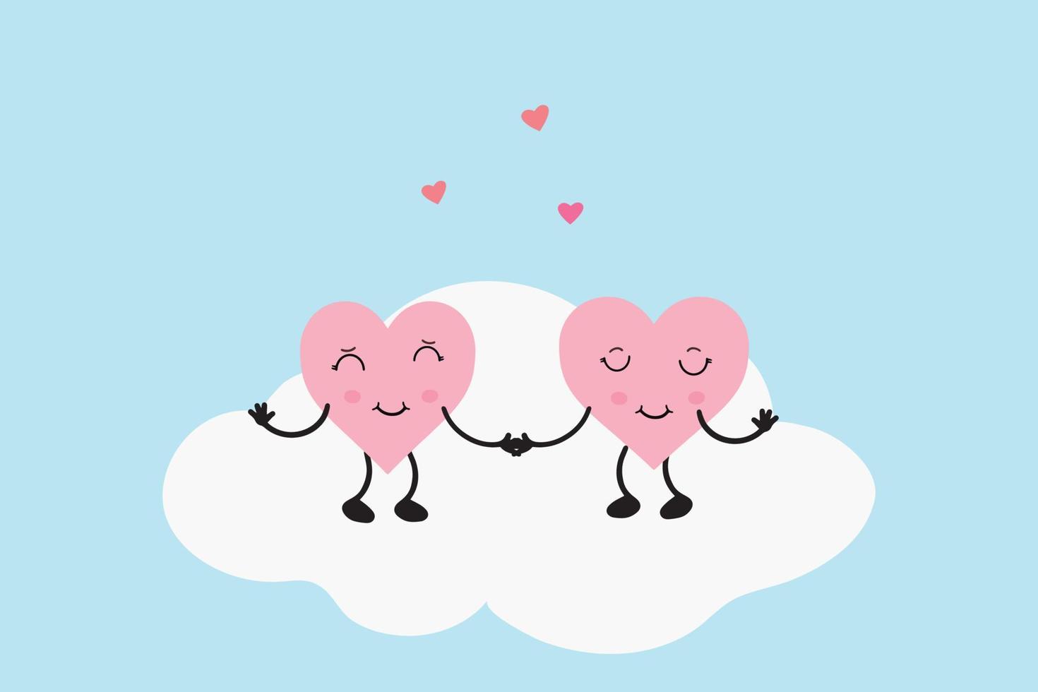 Two cute hearts in kawaii style. Hand drawn cartoon characters.Love concept. Vector illustration.