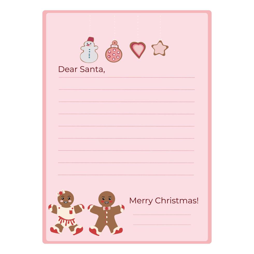 Sample New Year's letter to Santa Claus. Flat design. Vector illustration. Decorated paper sheet with gingerbread