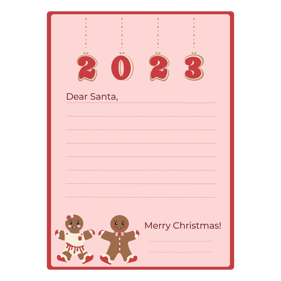 Sample New Year's letter to Santa Claus. Flat design. Vector illustration. Decorated paper sheet with gingerbread