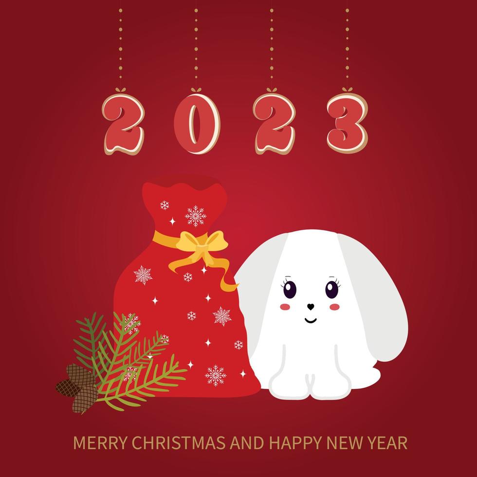 2023 year of the rabbit. Cute Christmas Bunny. Symbol of the Chinese New Year. Vector illustration isolated on white background