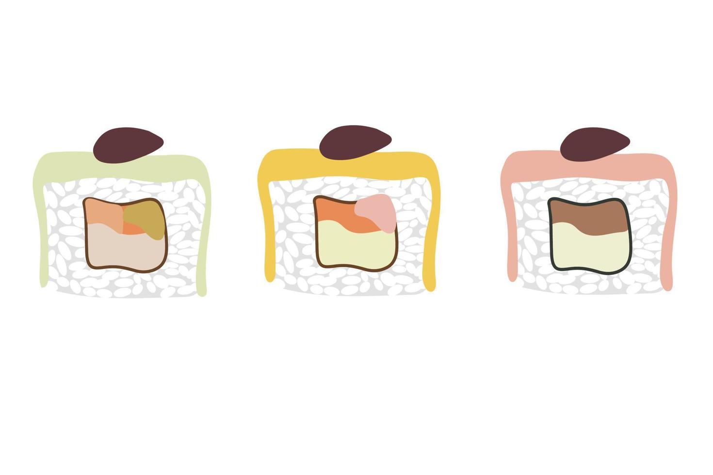 Vector icon set of yummy colored sushi rolls. Collection of different flavours and kinds. Traditional Japanese food. Asian seafood group.