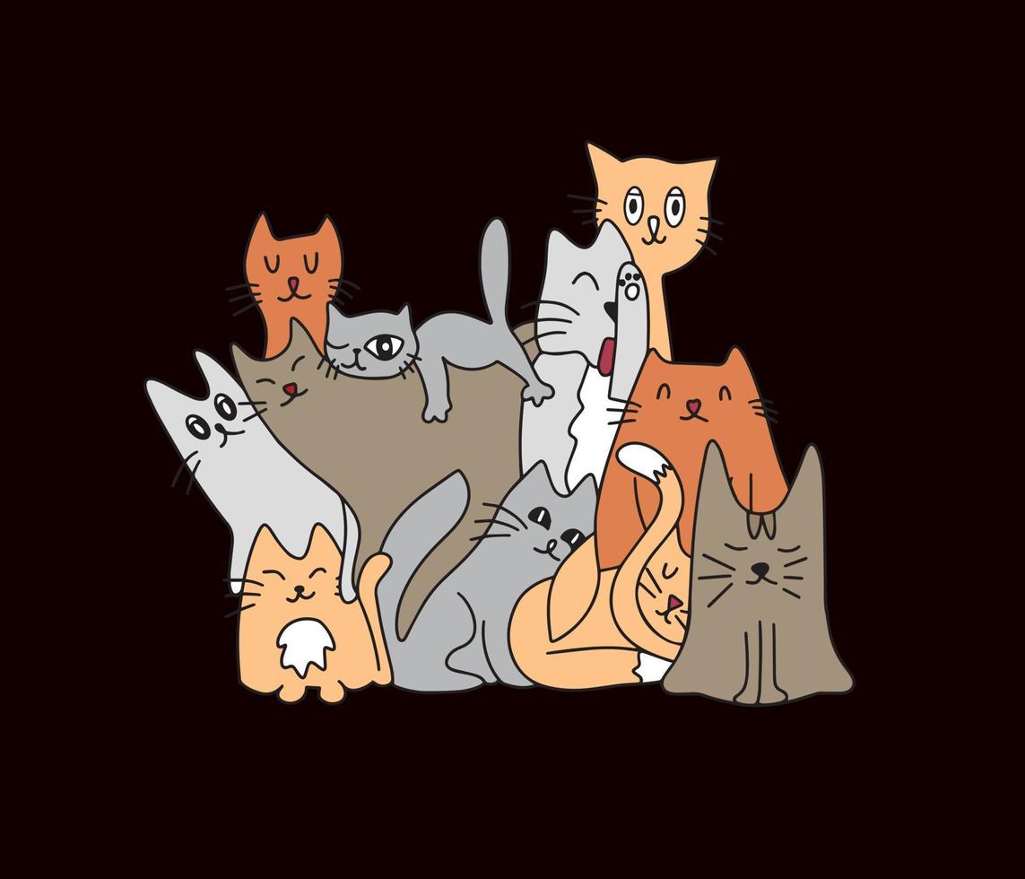 Lots of cute colorful cats. Background from cats. Cute and funny cats doodle vector set. Collection of cartoon cat or kitten characters in flat style in different poses
