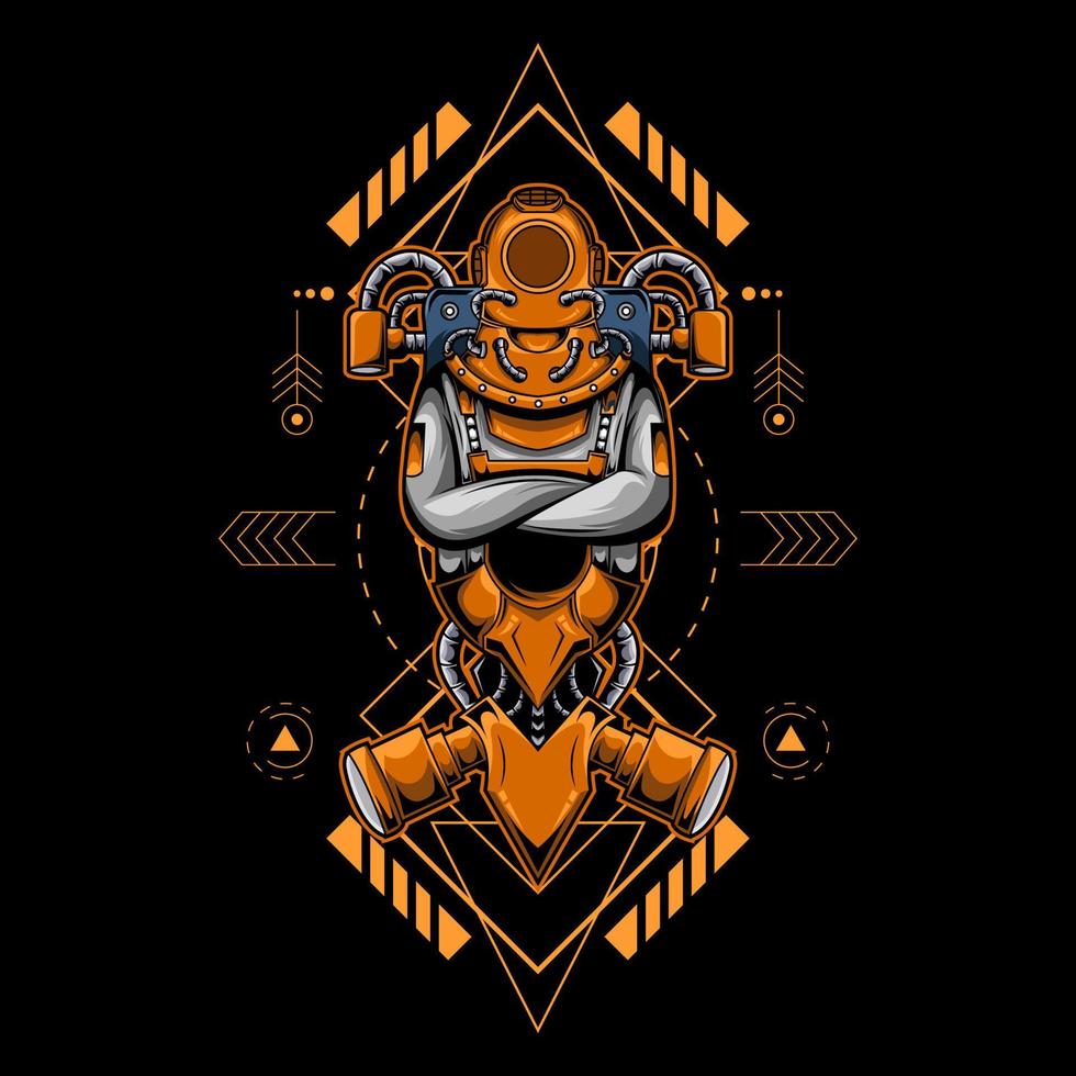 Old dive suit astronaut illustration with sacred geometry vector