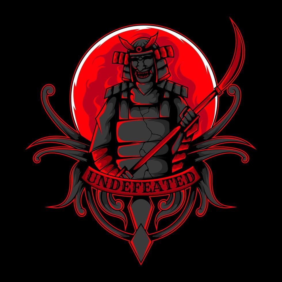 samurai ronin diablo cráneo ilustración con luna roja vector