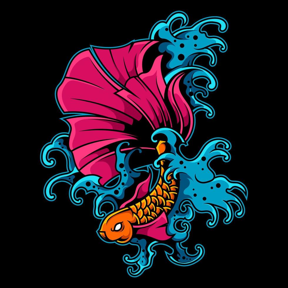 Betta Fish Illustration with Japanese Wave vector