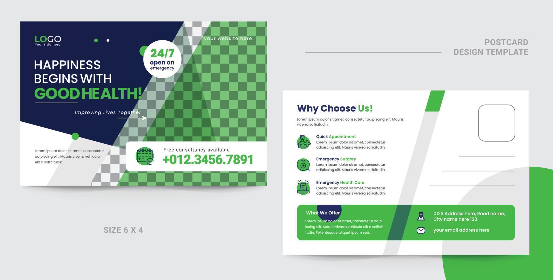 Modern medical postcard design template. Print ready design for multipurpose use vector