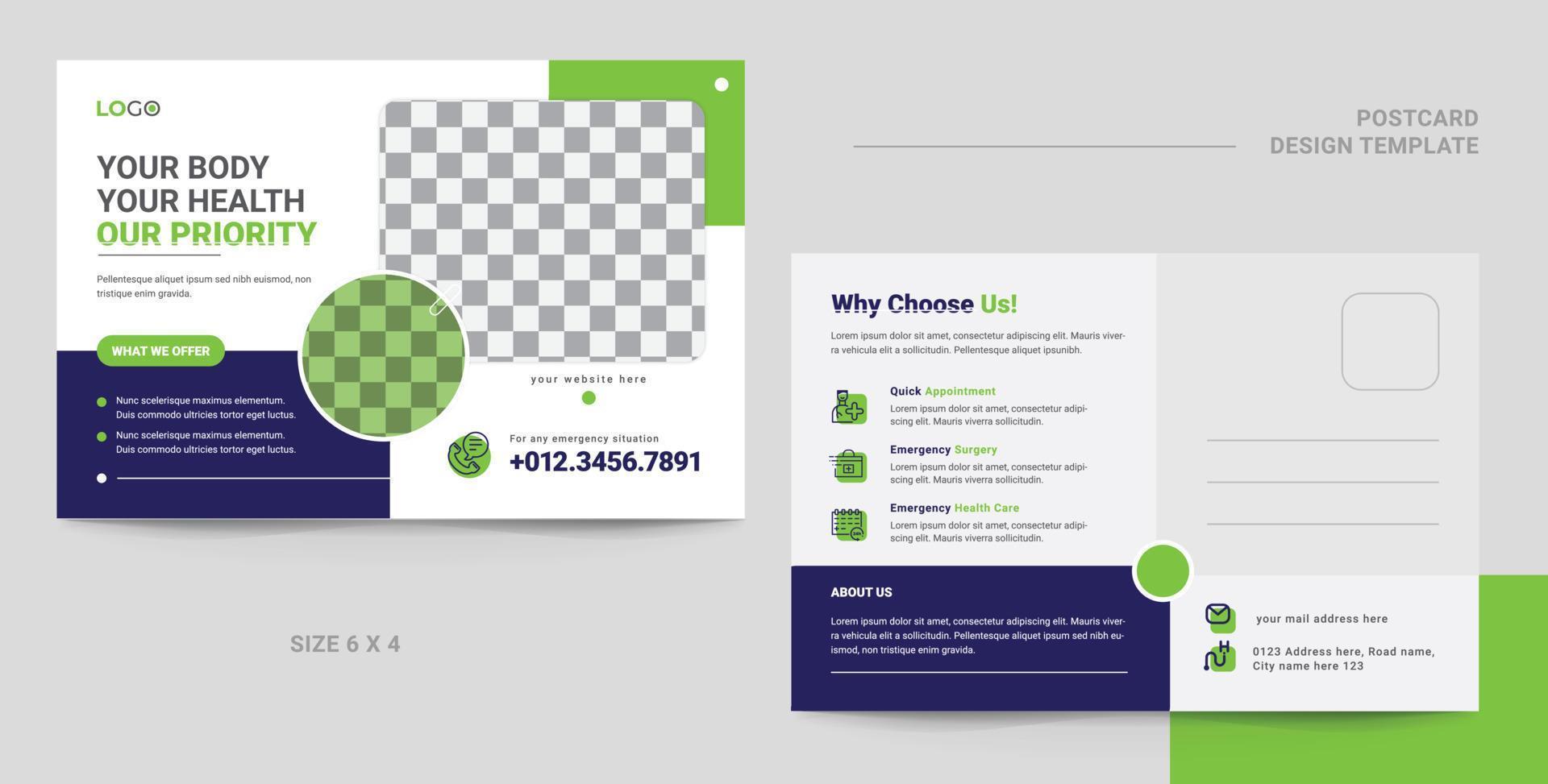 Clean medical postcard template for multipurpose use. Modern design and print ready for all types of business vector