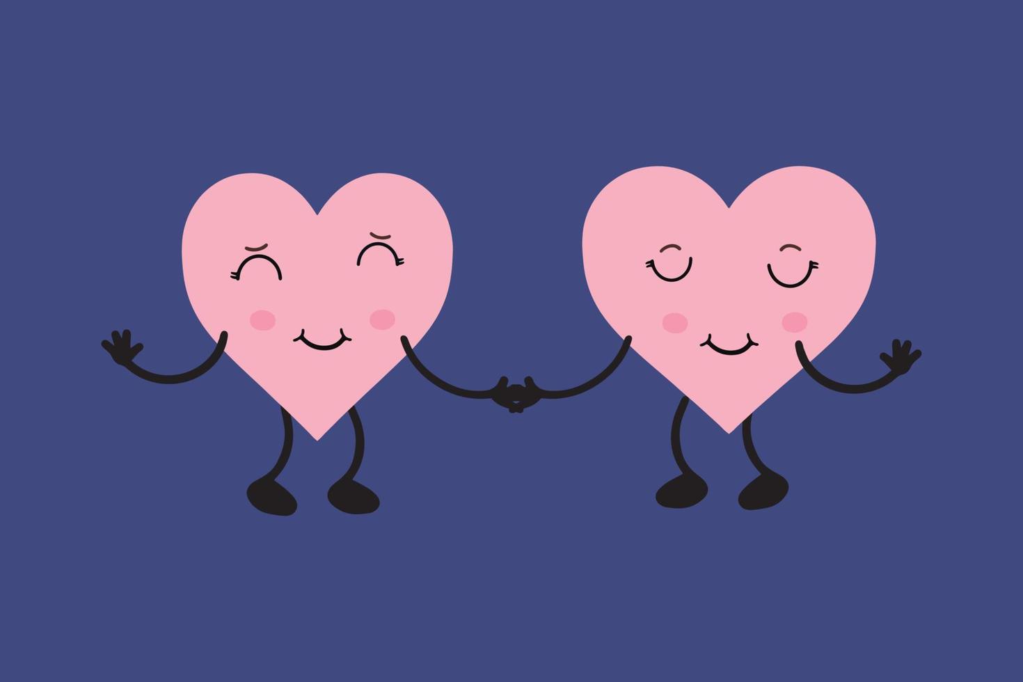 Two cute hearts in kawaii style. Hand drawn cartoon characters.Love concept. Vector illustration