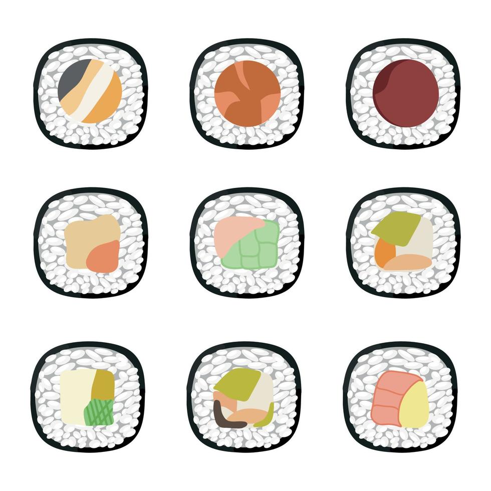 Vector icon set of yummy colored sushi rolls. Collection of different flavours and kinds. Traditional Japanese food. Asian seafood group. Template for sushi restaurant, cafe, delivery or your business