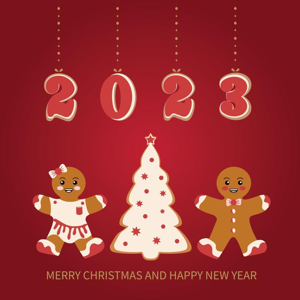 una tarjeta de feliz navidad. galletas de jengibre en forma de muñeco de nieve, un árbol de navidad y hombres de pan de jengibre y varios juguetes de árbol de navidad. celebrando año nuevo y navidad vector
