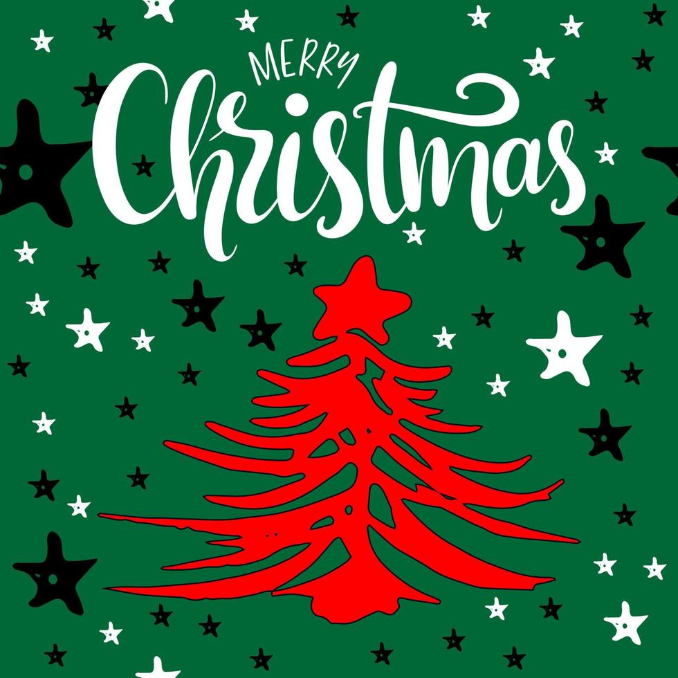 Creatively drawn spruce, Christmas tree postcard. Red silhouette, simple shape, interesting presentation.  Vector with the effect of a hand-drawn Christmas tree.