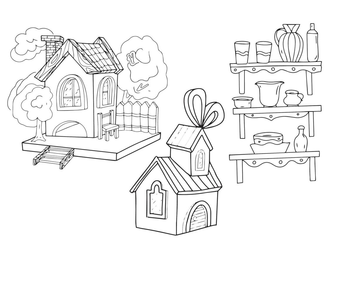 Houses small one-story village farm wooden hand drawn sketch doodle set of separate elements mill agriculture on a white background vector