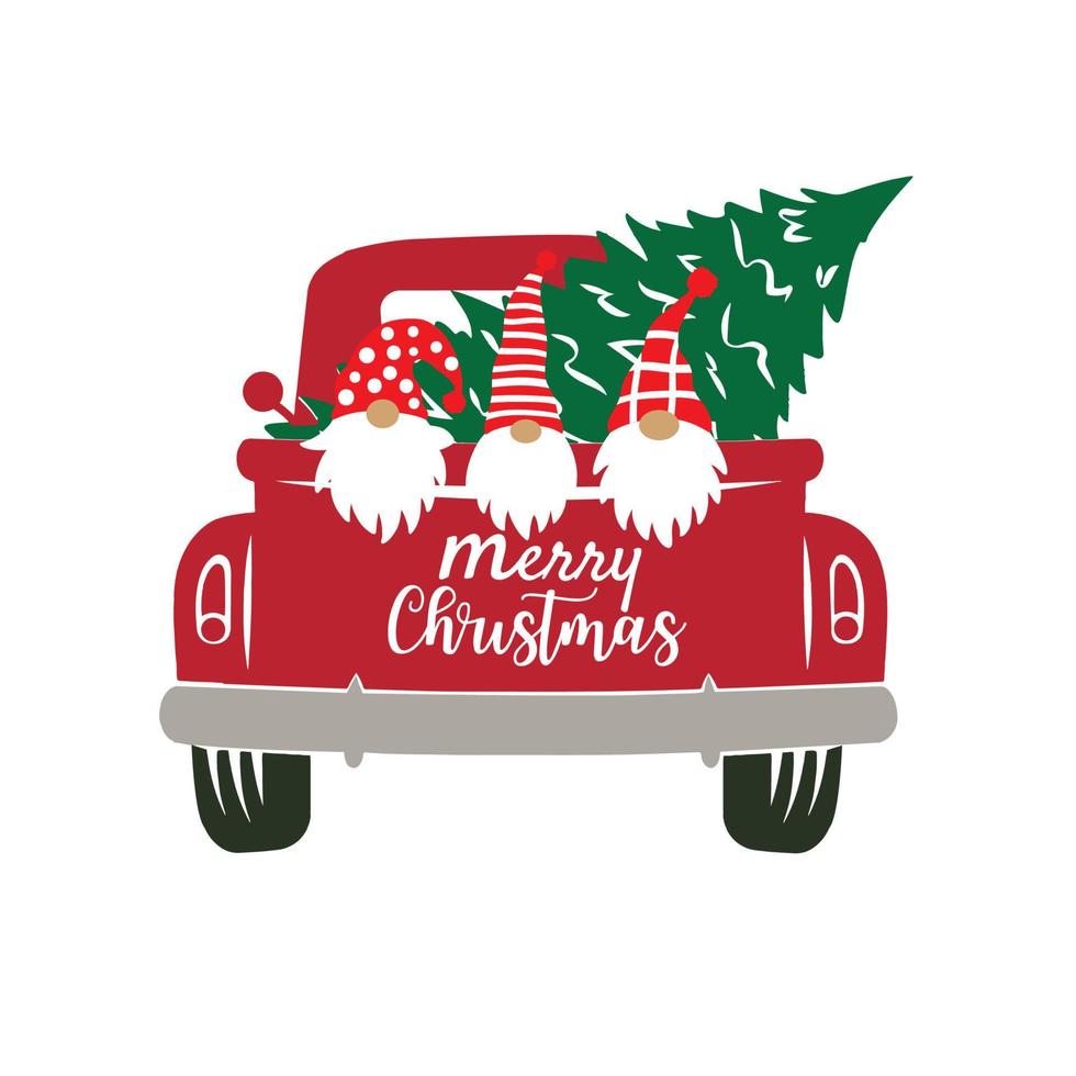 Christmas gnomes and tree on truck vector illustration