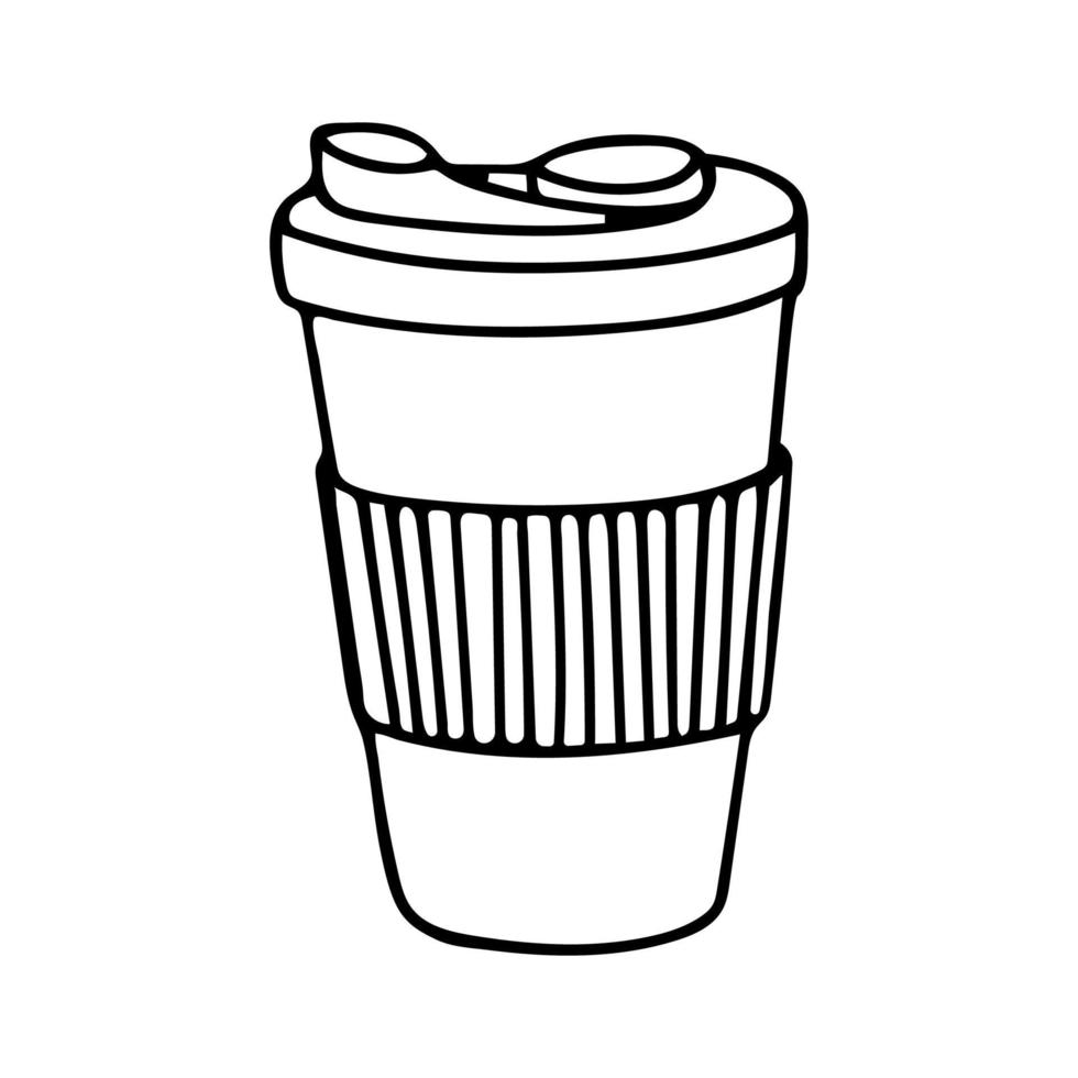 Doodle of own reusable cup isolated on white background. Hand drawn vector illustration of ecological and zero-waste mug. Coffee to go.