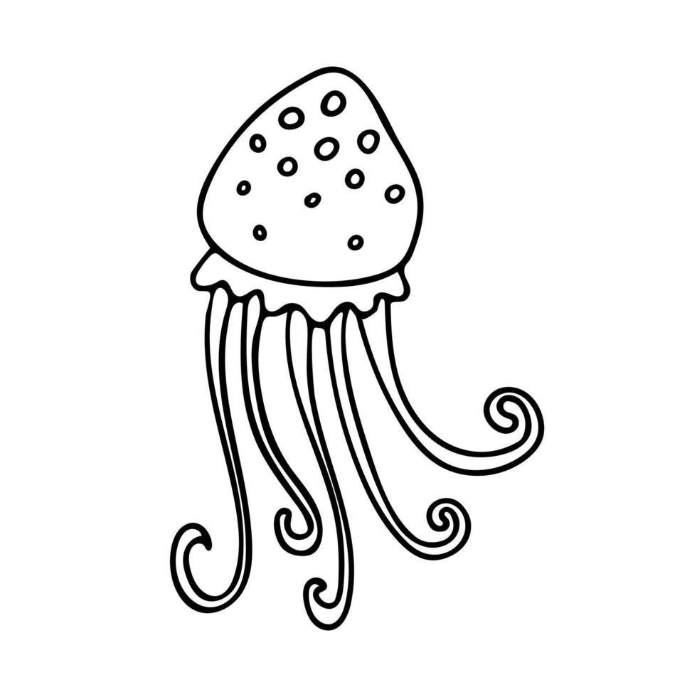 Doodle of cute jellyfish isolated on white background. Hand drawn vector illustration of underwater animal. Good for childish design and coloring page book.