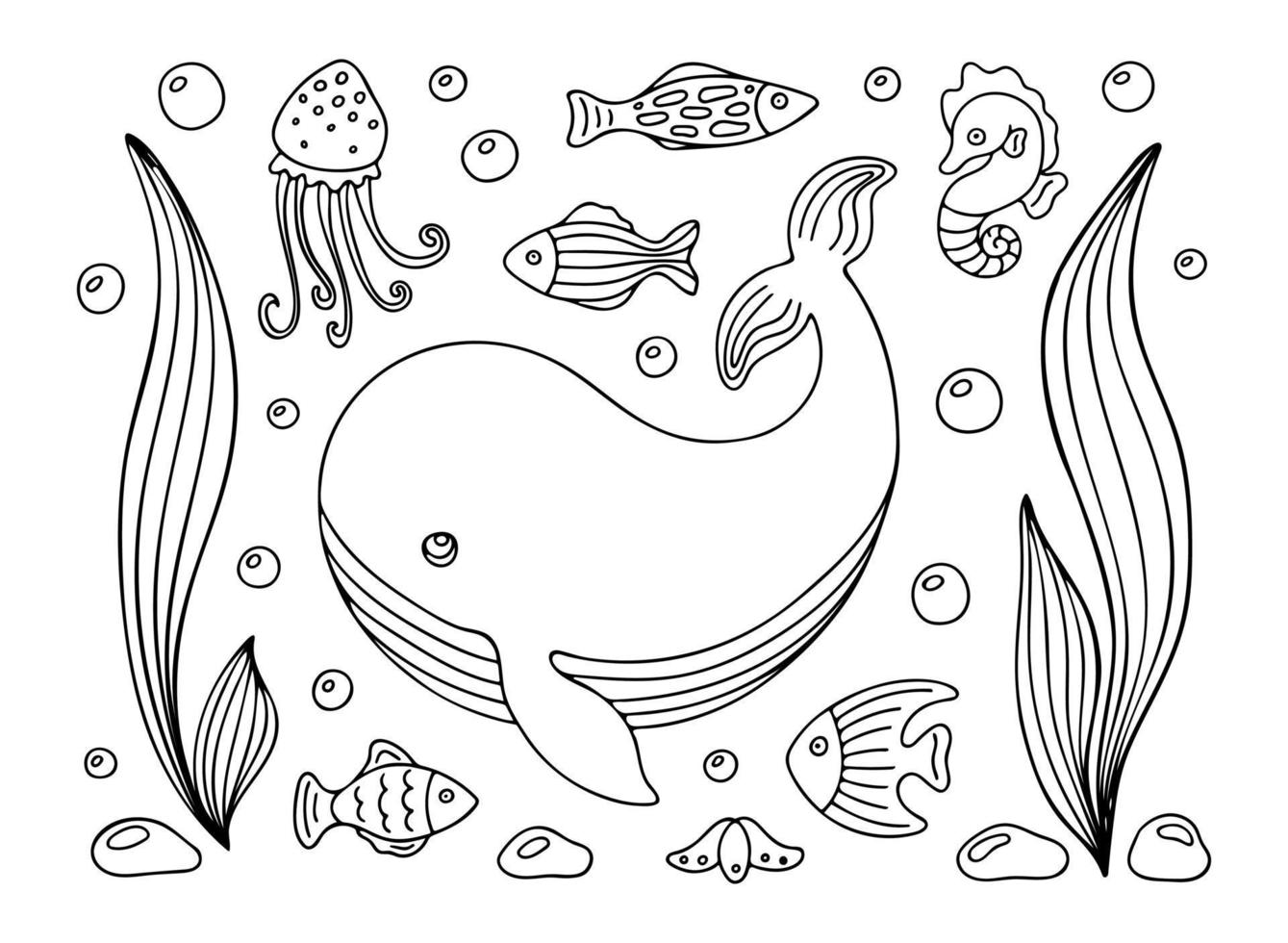 Coloring page with whale, fishes and jellyfish swimming between bubbles and algae. Hand drawn vector contoured black and white illustration. Design template for kids coloring book, poster or postcard.