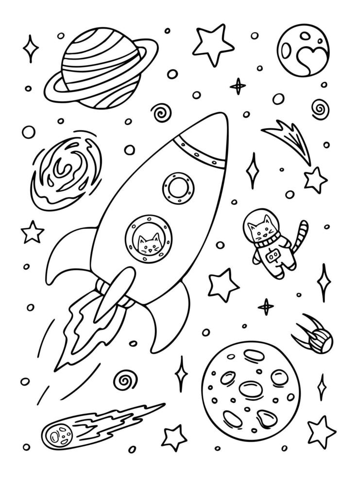 Coloring page with rocket, astronaut cat and planets in space. Hand drawn vector contoured black and white illustration. Design template for kids coloring book, poster or postcard.