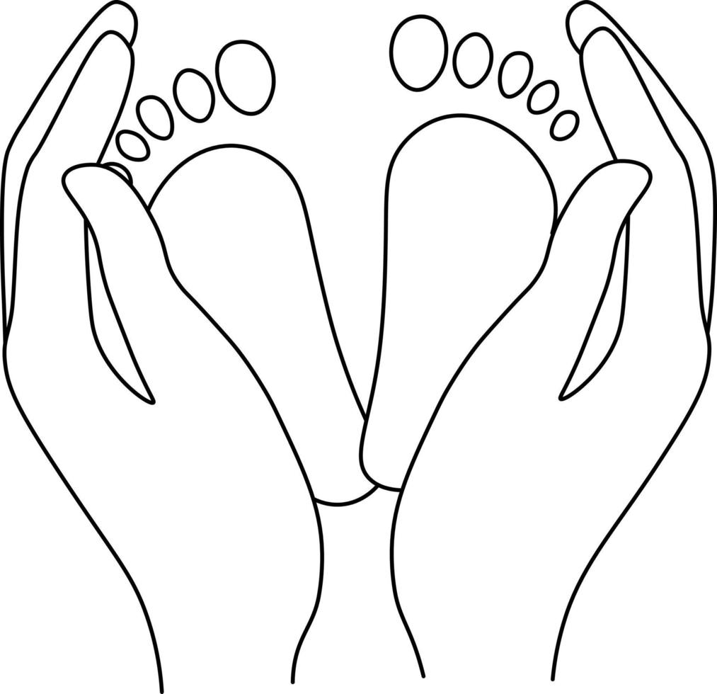 pies de bebé en las palmas sobre el fondo blanco. las manos de la madre sostienen las piernas de un bebé recién nacido. vector