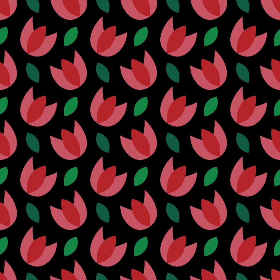 Seamless floral pattern on black background. Vector tulips and leaves. Trendy botanical illustration. Abstract print with small red tulips.