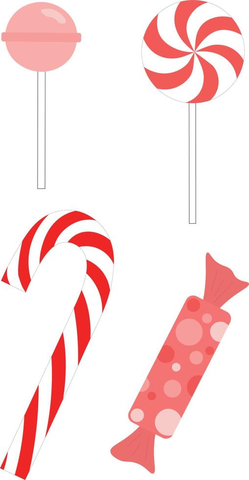 Delicious caramel candies set. Red and white caramel sweets. Christmas caramel sweets. Lollipop. Vector illustration for holidays, parties. Red and white bonbons on white background.