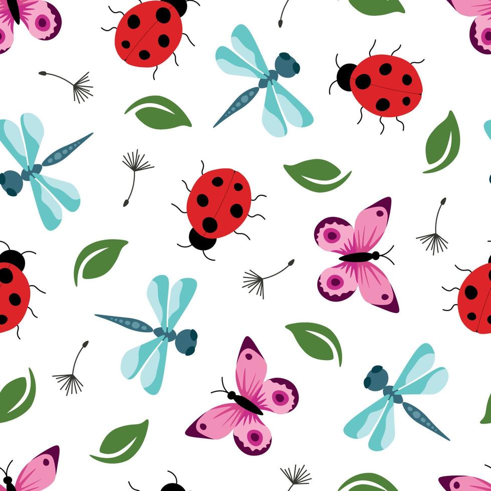 patrón sin fisuras con insectos sobre un fondo negro. ilustración vectorial con mariquitas, mariposas y libélulas. ilustración botánica de moda. vector