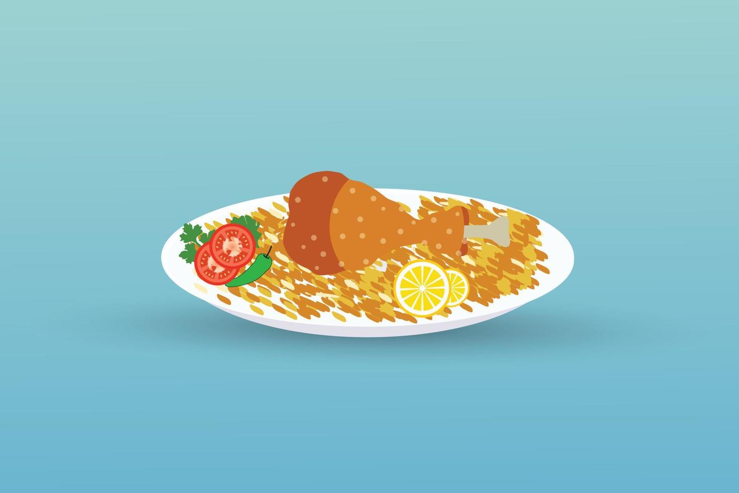 Delicious chicken biryani in bowl with lemon And pepper Vector illustration.