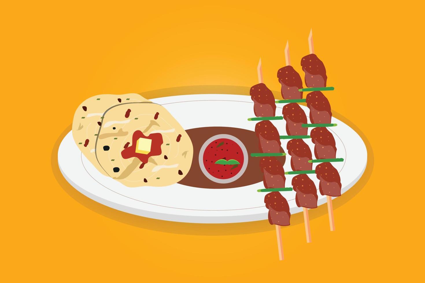 Naan with kebab asian traditional food design vector