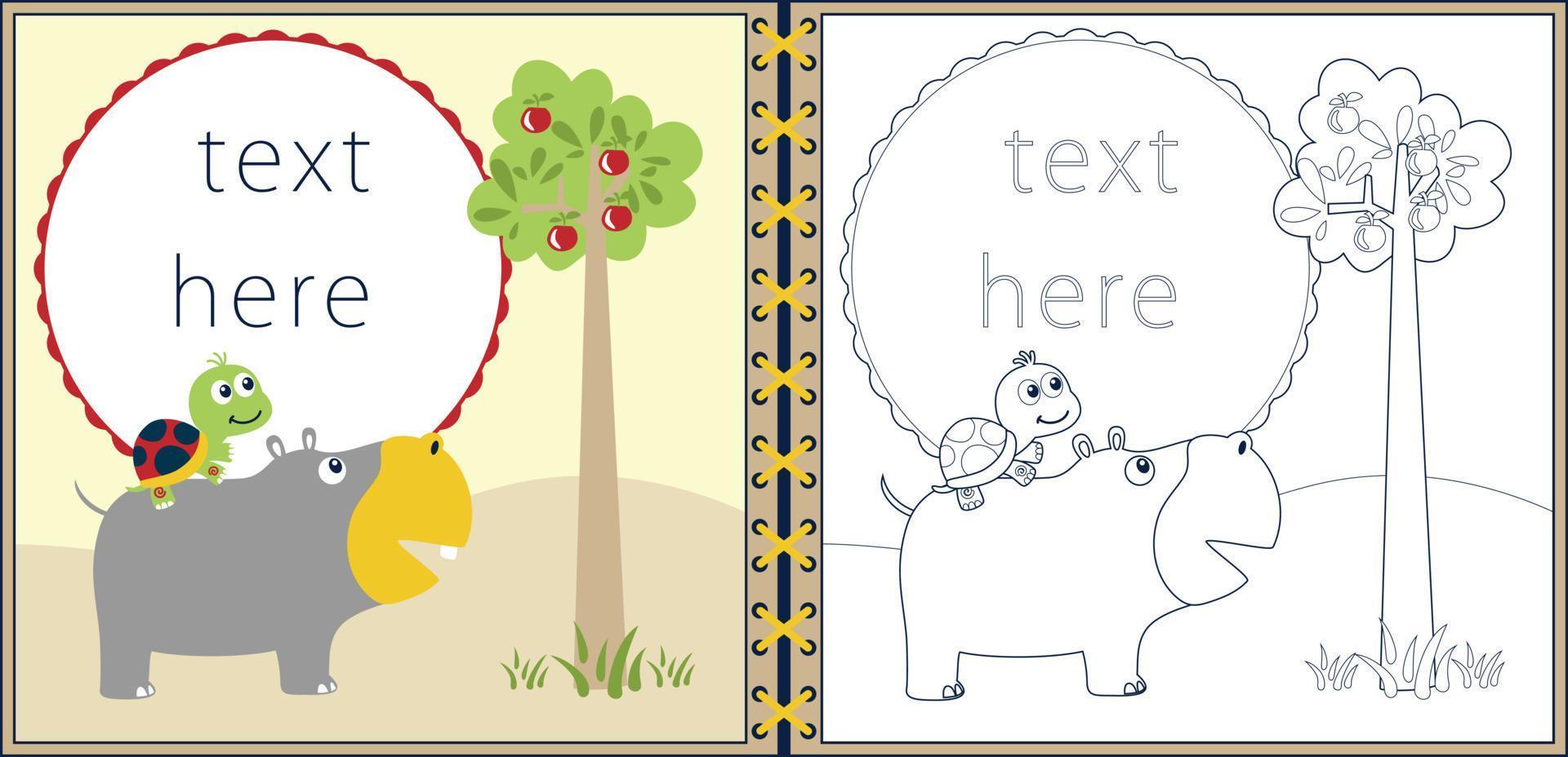 Invitation card template, coloring book or page with funny animals cartoon, turtle ride on hippo's back with fruit tree vector