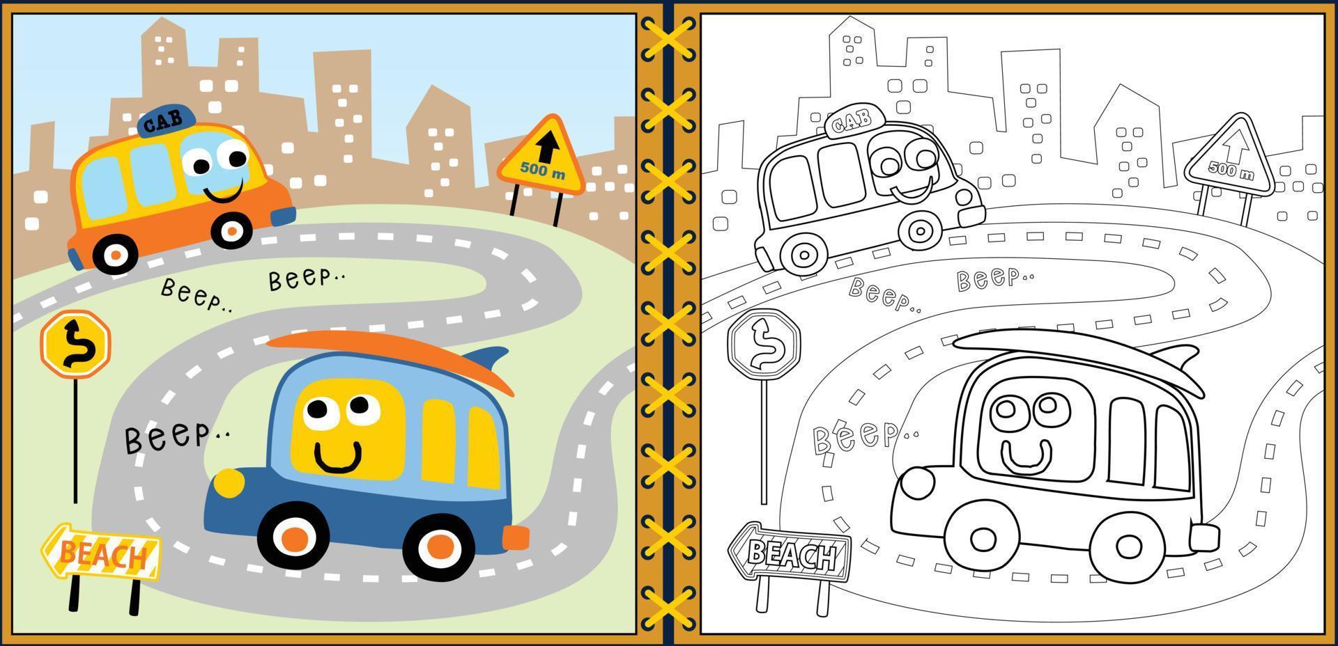 Coloring book or page with funny vehicles cartoon, city traffic elements vector illustration